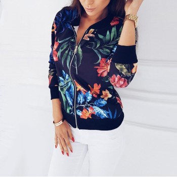 Spring Women's Jacket Floral Printed Plus Size Jackets Zipper Short Female Coat Tops O-Neck Long Sleeve Casual Bomber Jacket Black White Red Green